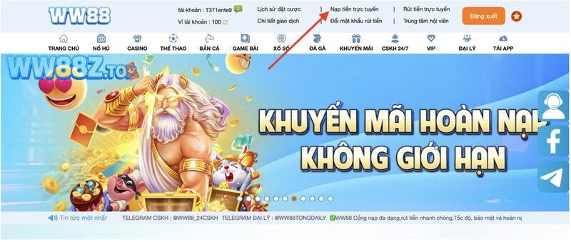 Bấm chọn Nạp tiền trực tuyến