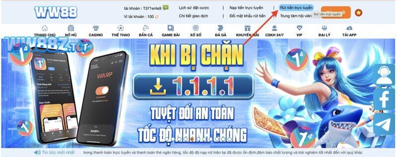 Bấm chọn Rút tiền trực tuyến